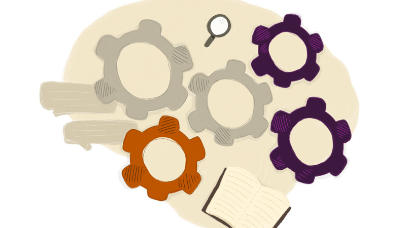 En illustration av kugghjul och en bok.
