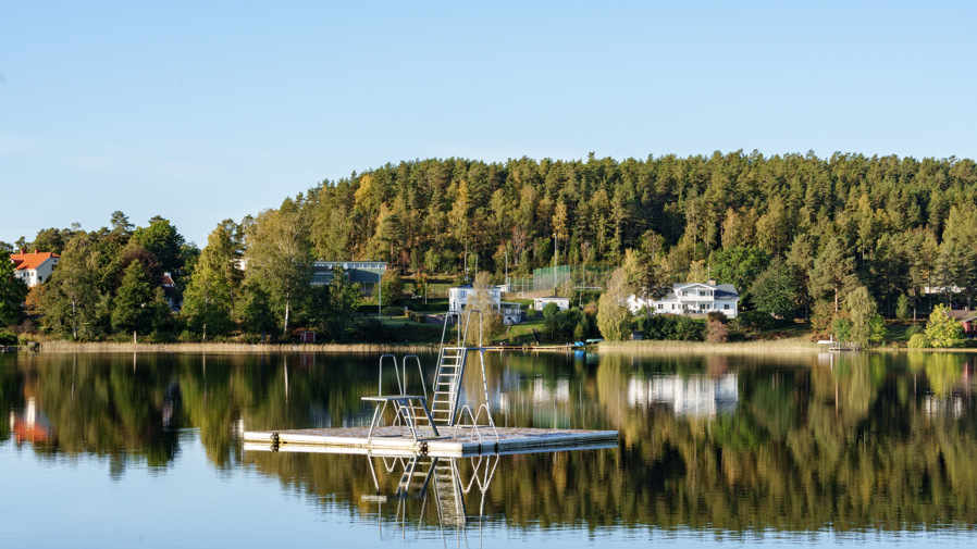 Ett hopptorn på flotte i vattnet med träd och hus i bakgrunden