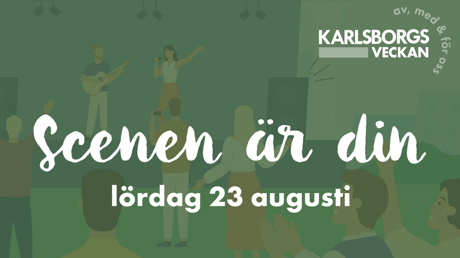 En grupp människor som står vid och på en scen med texten "Scenen är din lördag 23 augusti" ovanpå.