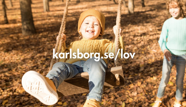 En pojke och en flicka som leker på en gunga i skogen.