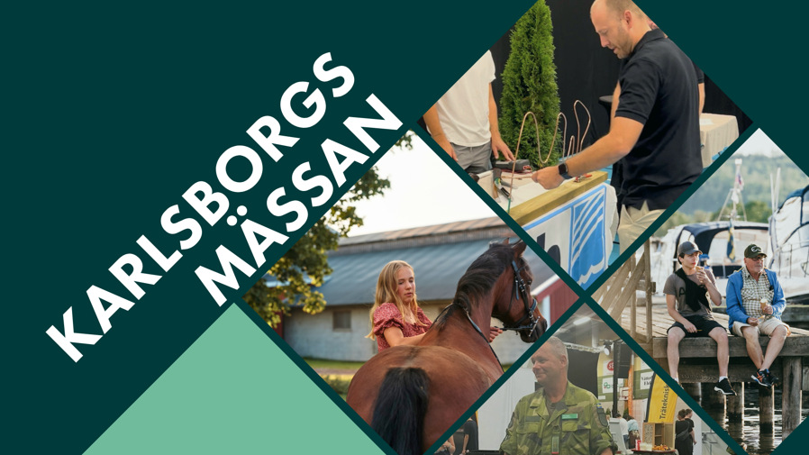 Ett kollage med olika bilder från Karlsborg. Det står Karlsborgsmässan skrivet på bilden.