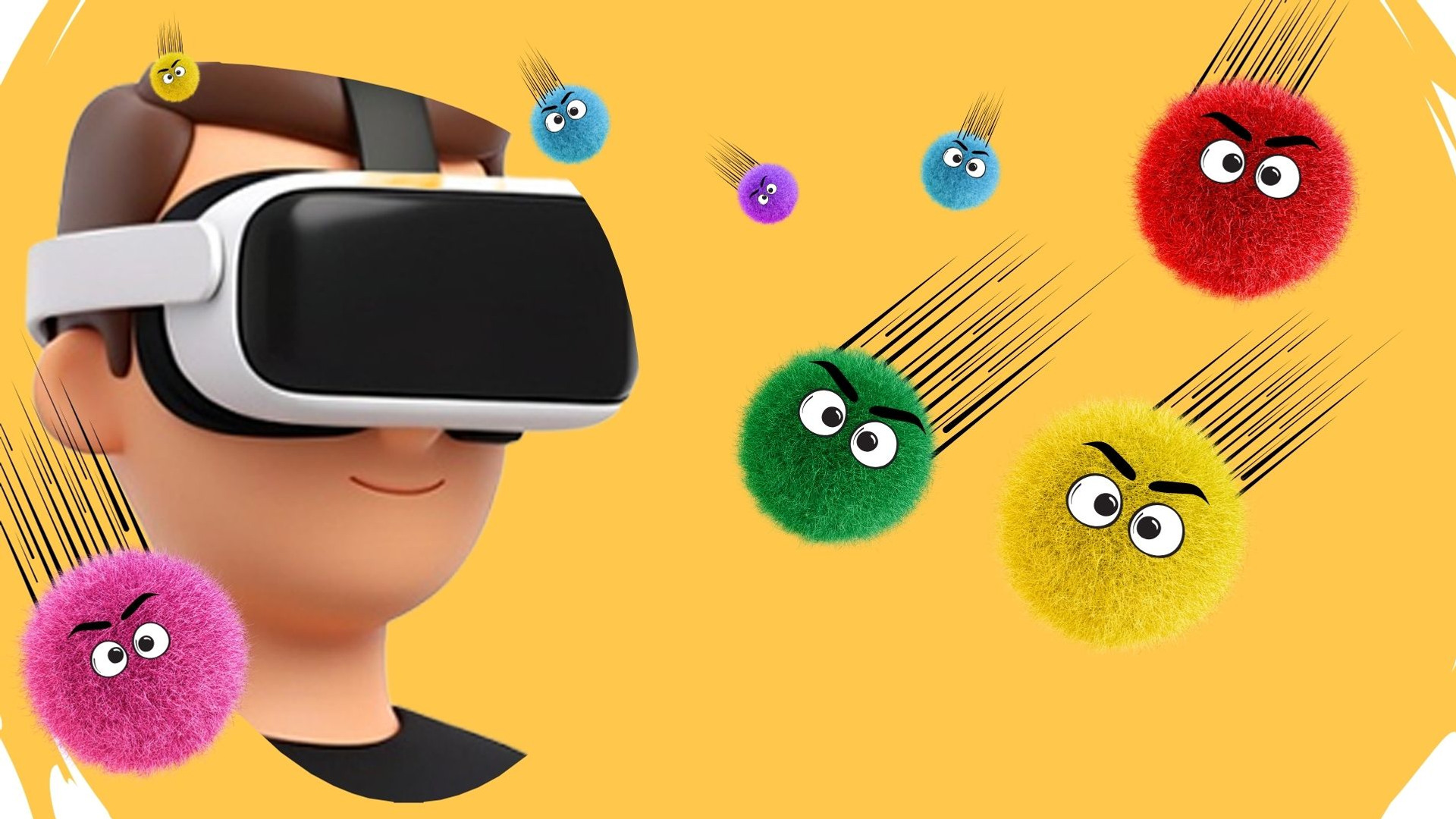 En man som bär ett virtual reality-headset omgiven av pom poms.