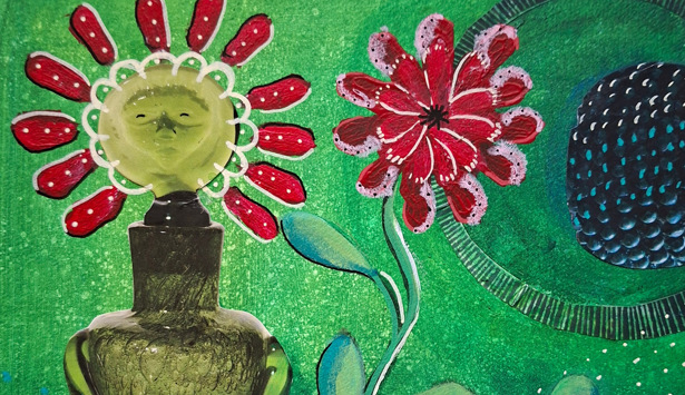 En målning av en vas med en blomma i.