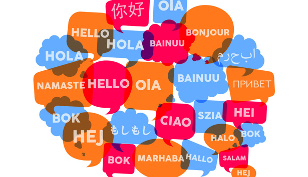 En grupp pratbubblor med olika språk.