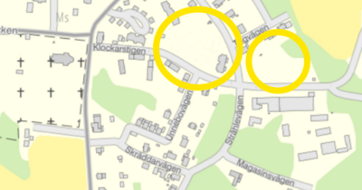 Karta över Undenäs tätort med markering av Unneboområdet och lekplatsen.