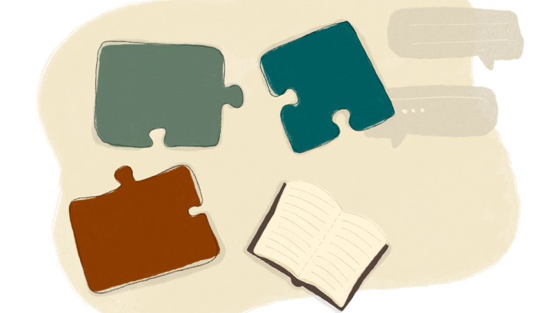 Illustration av tre pusselbitar med en bok.