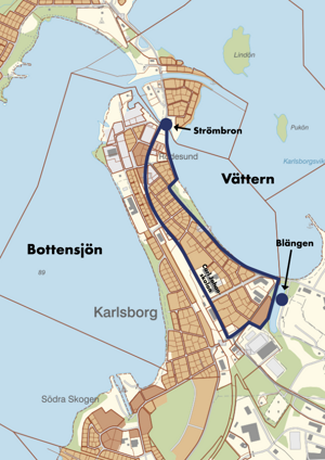Karta över centrala Karlsborg som visar berört område: Området mellan Storgatan och Strandvägen, från Strömbron i norr och Blängen i söder.