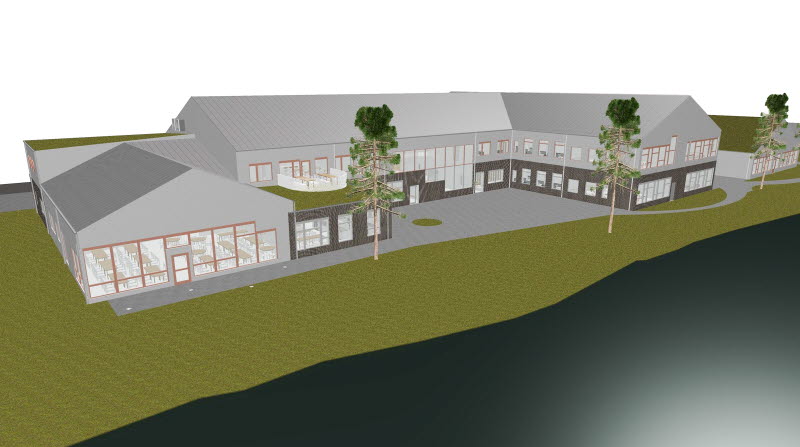 Illustration över Nya Strandskolan med vy från nordväst