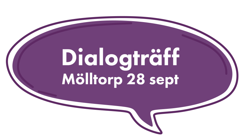 Pratbubbla med texten "Dialogträff Mölltorp"